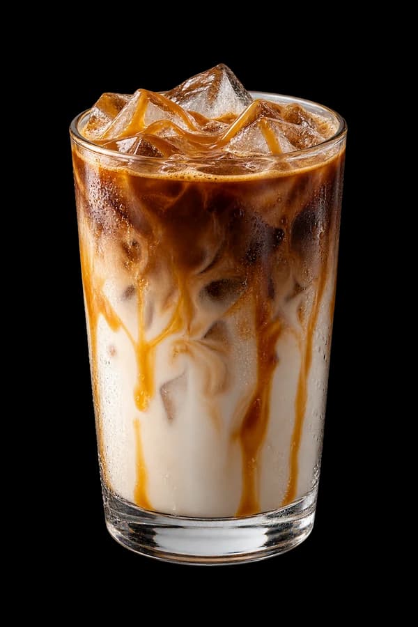 Iced caramel macchiato with espresso layers and caramel ribbons