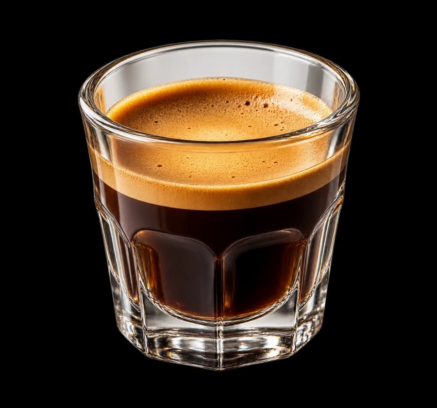 Golden crema over espresso in a clear faceted glass