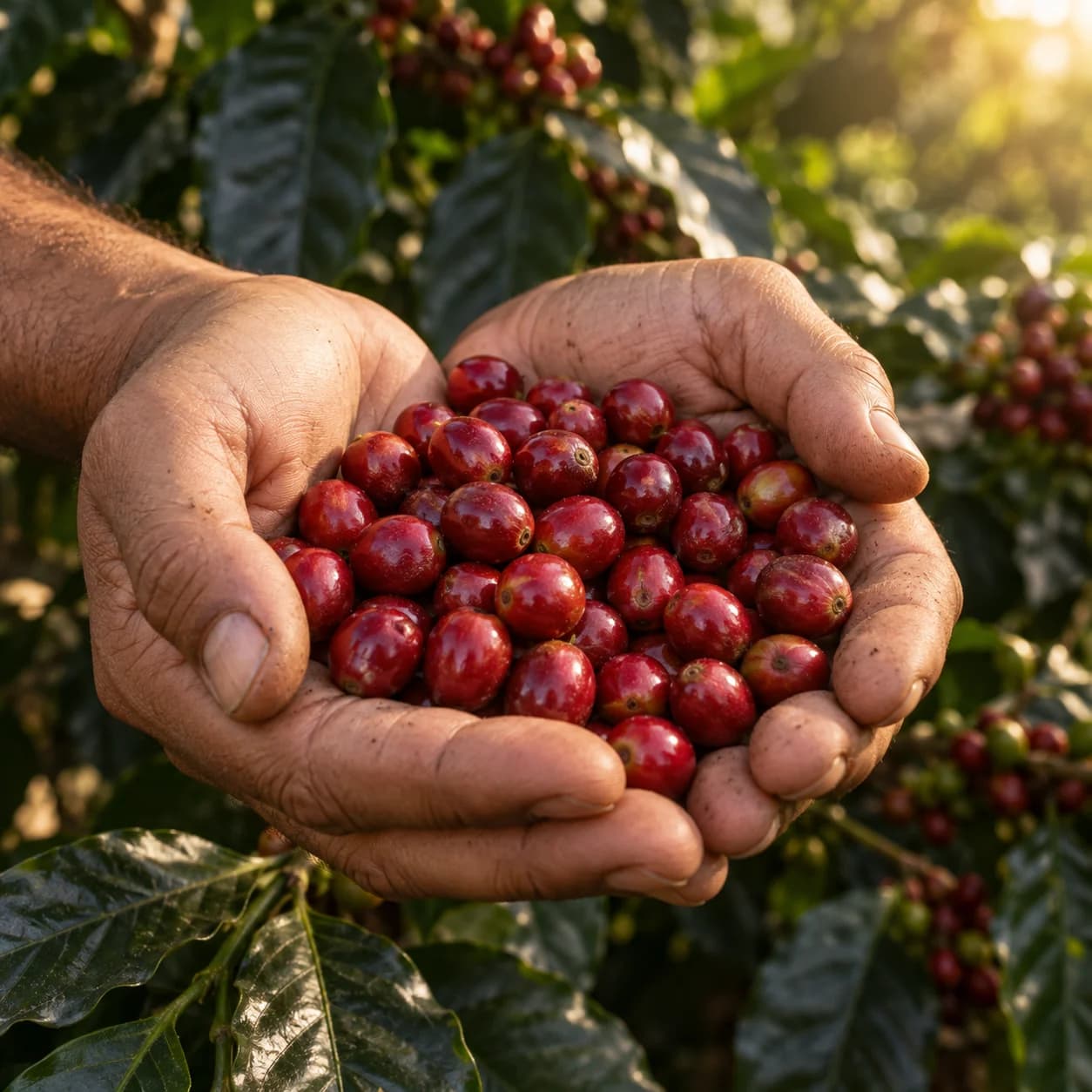 Hands holding freshly picked red coffee cherries