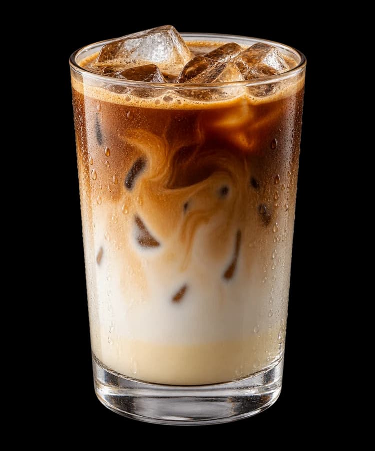 Layered iced Spanish latte in a clear glass