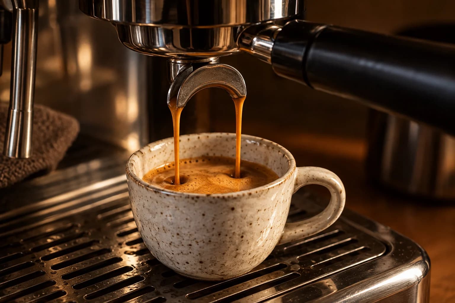 Two golden espresso streams pouring into a ceramic cup