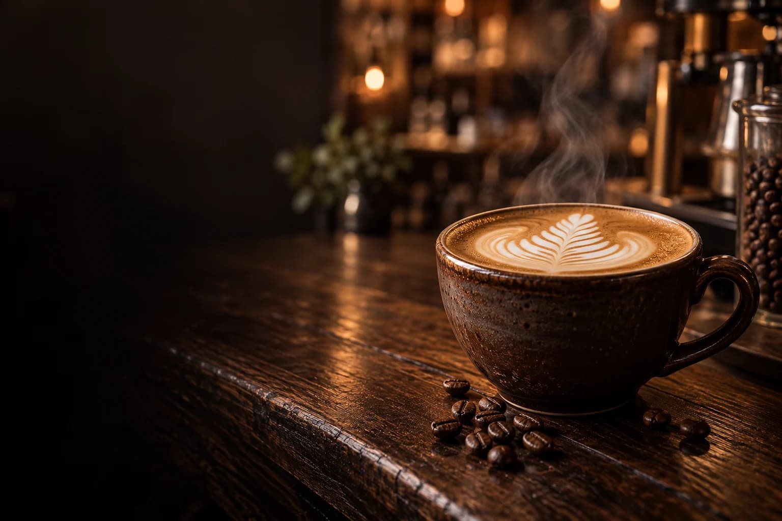 A warm latte on a wooden café table, ready to be enjoyed