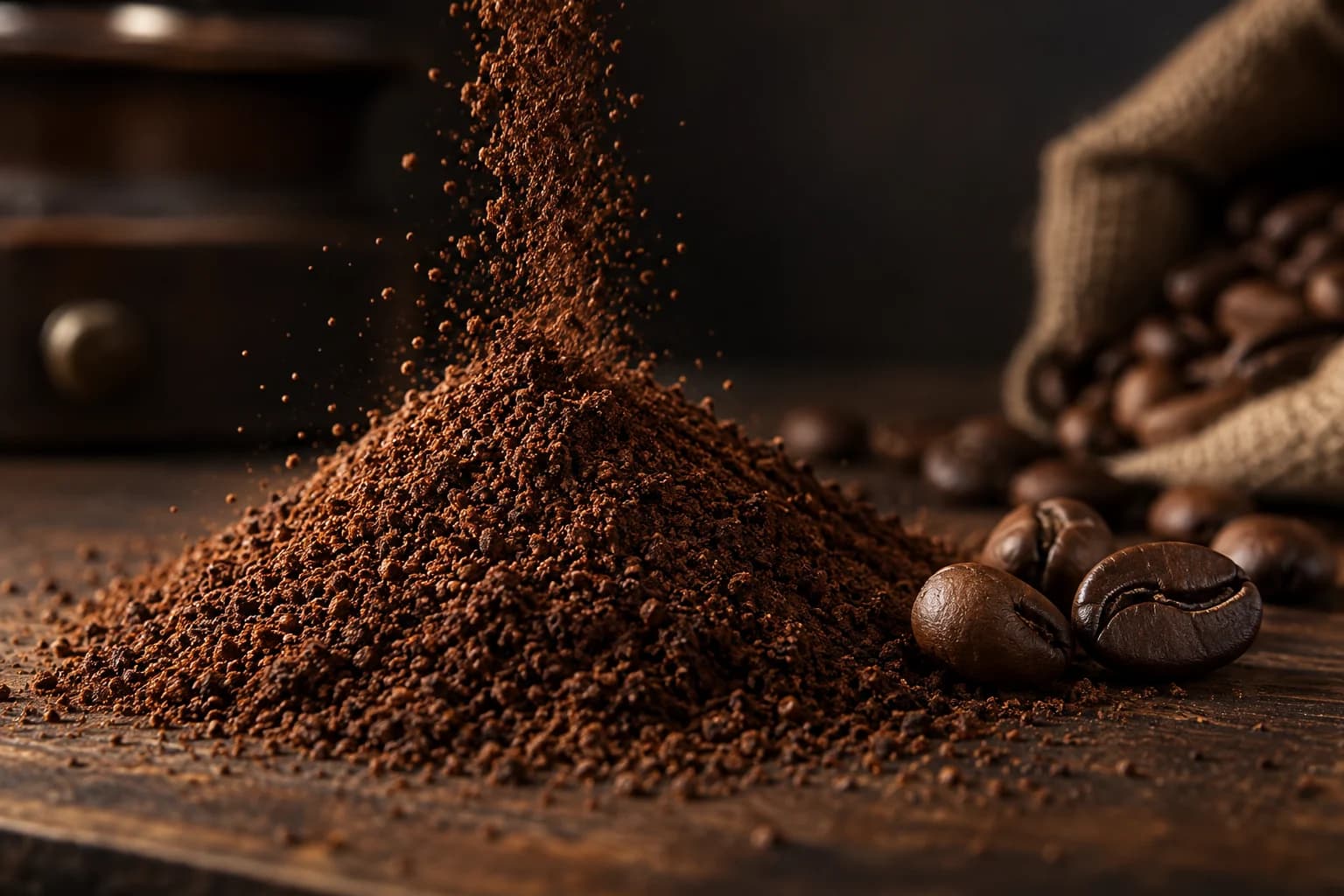 Freshly ground coffee falling onto a small mound