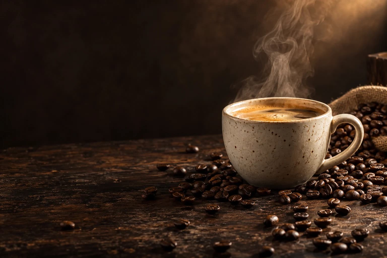 Steam rising from an ivory ceramic cup of coffee on a dark table