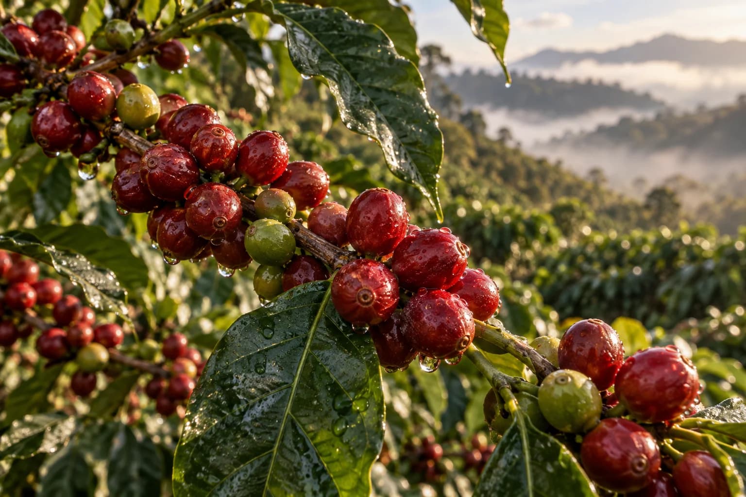 Red coffee cherries ripening on a leafy branch