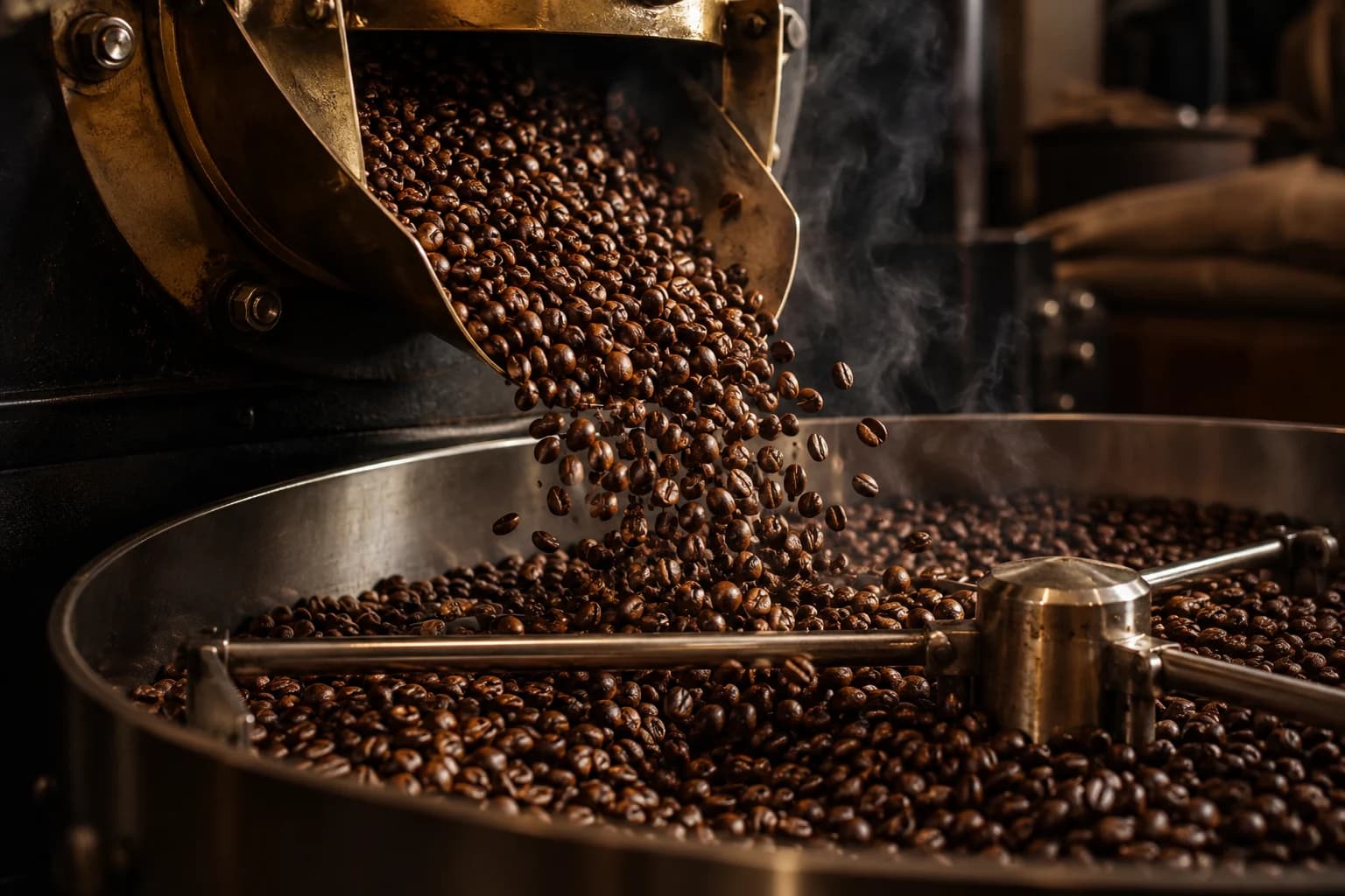 Roasted beans falling into a roaster cooling tray