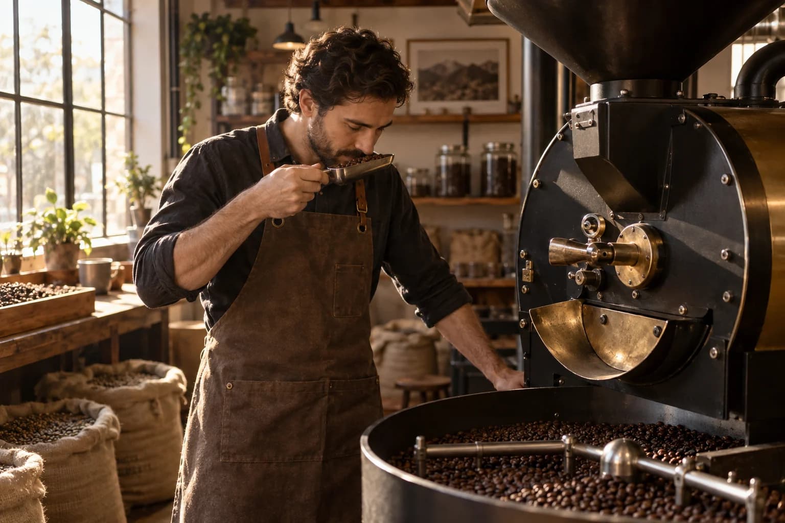 A coffee roaster savoring the aroma of freshly roasted beans